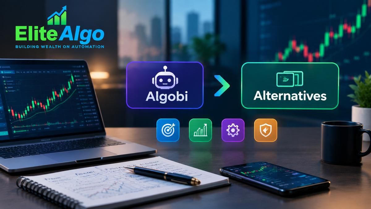 Algobi alternatives comparison dashboard for option sellers, showing platform evaluation icons for strategy targeting, backtesting performance, configuration, and risk protection