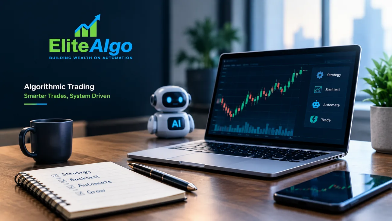 EliteAlgo algorithmic trading dashboard showing strategy, backtest, automate and trade panel with system-driven candlestick chart