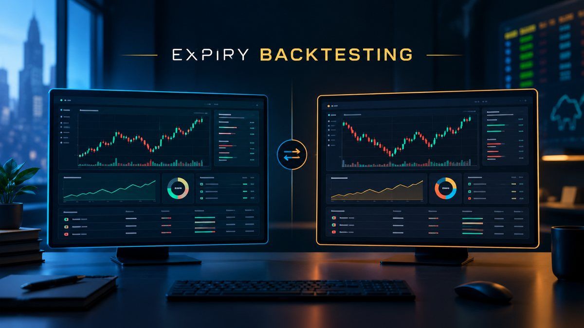 AlgoTest vs Quantiply expiry-day backtesting dashboards compared side by side, showing NIFTY candlestick charts and equity curves