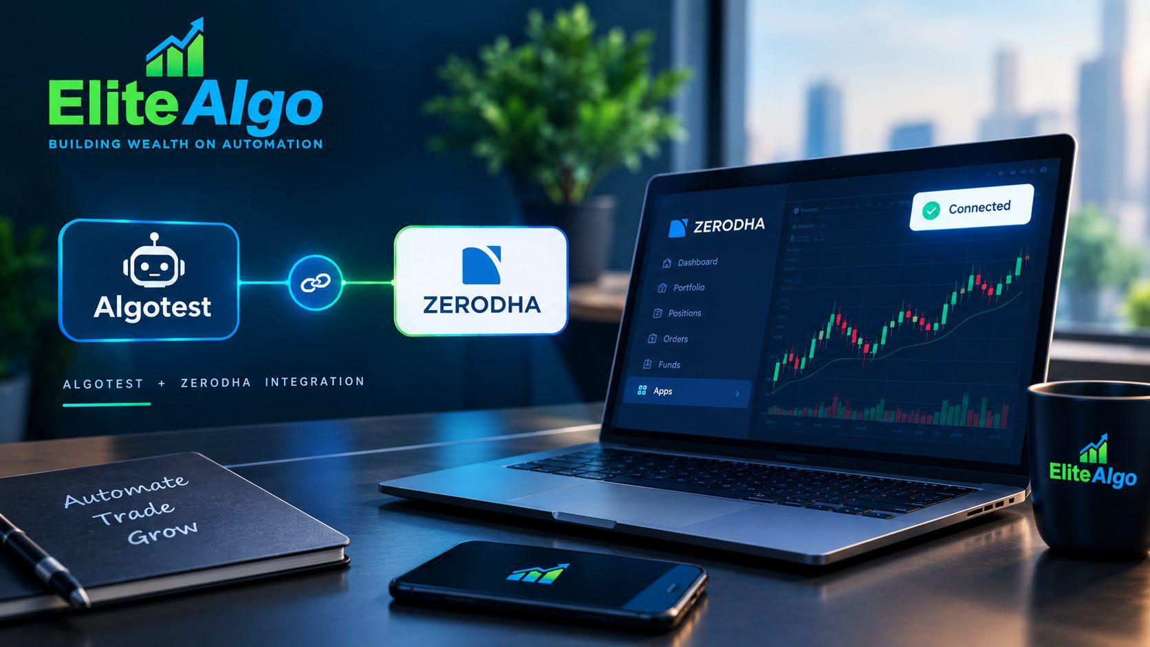 AlgoTest connected to a Zerodha Kite account, showing a Connected status and live NIFTY options chart on a laptop dashboard