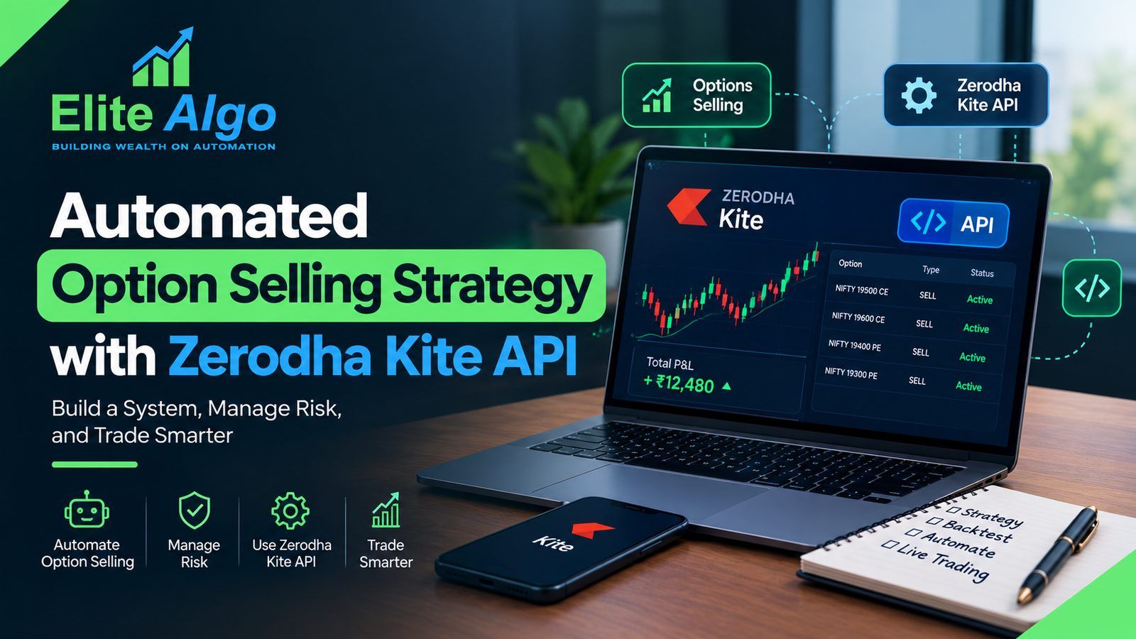 Elite Algo banner illustrating an automated option selling strategy with the Zerodha Kite API: laptop screen with live NIFTY sell orders and running P&L, paired with the Kite app on a phone