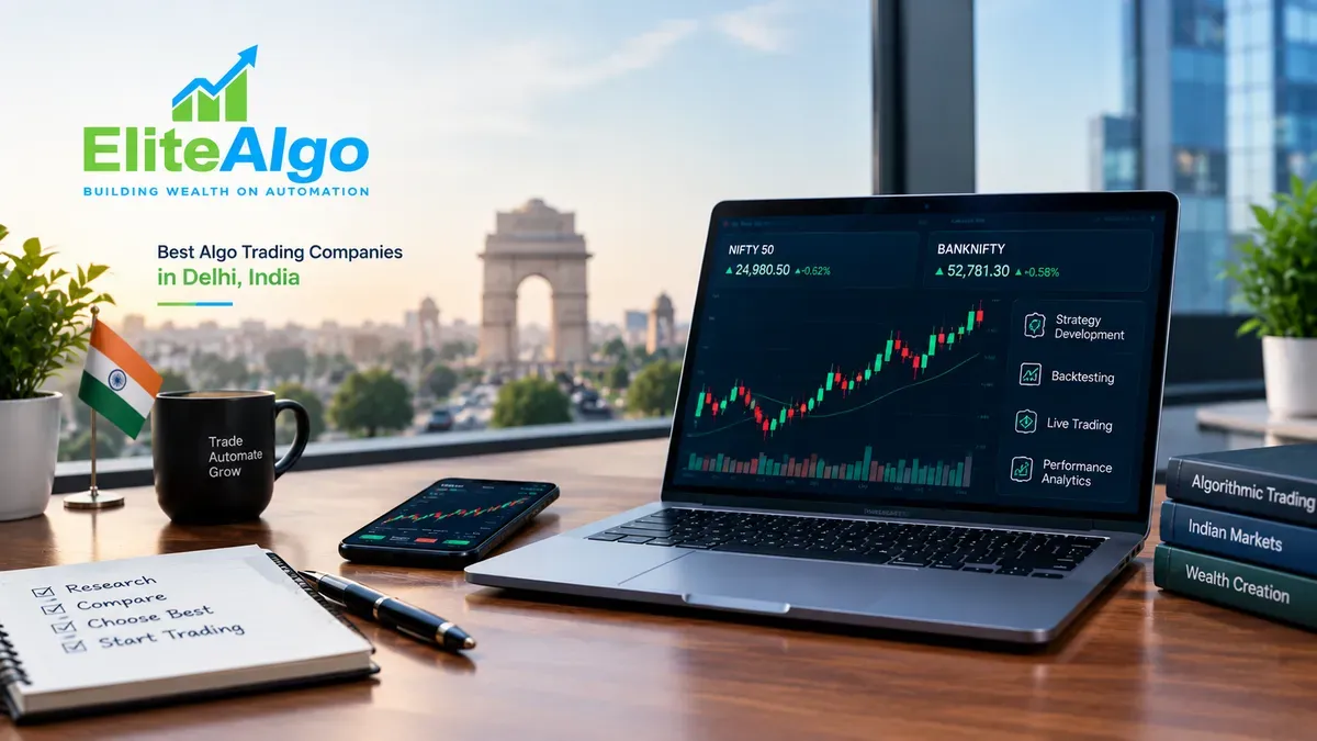 EliteAlgo algo trading dashboard with live NIFTY 50 and Sensex charts on a laptop and phone, India Gate visible in the background