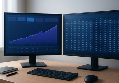 Trader comparing options backtesting software reports on dual monitors