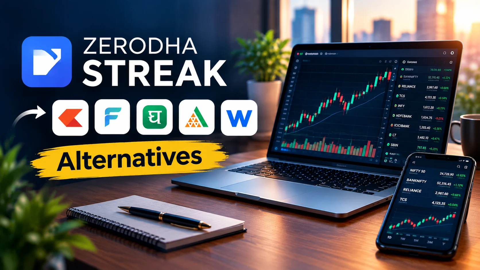 Zerodha Streak alternatives in India: no-code algo trading platform logos beside a laptop and phone showing NIFTY and BANKNIFTY charts