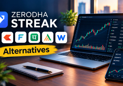 Zerodha Streak alternatives in India: no-code algo trading platform logos beside a laptop and phone showing NIFTY and BANKNIFTY charts