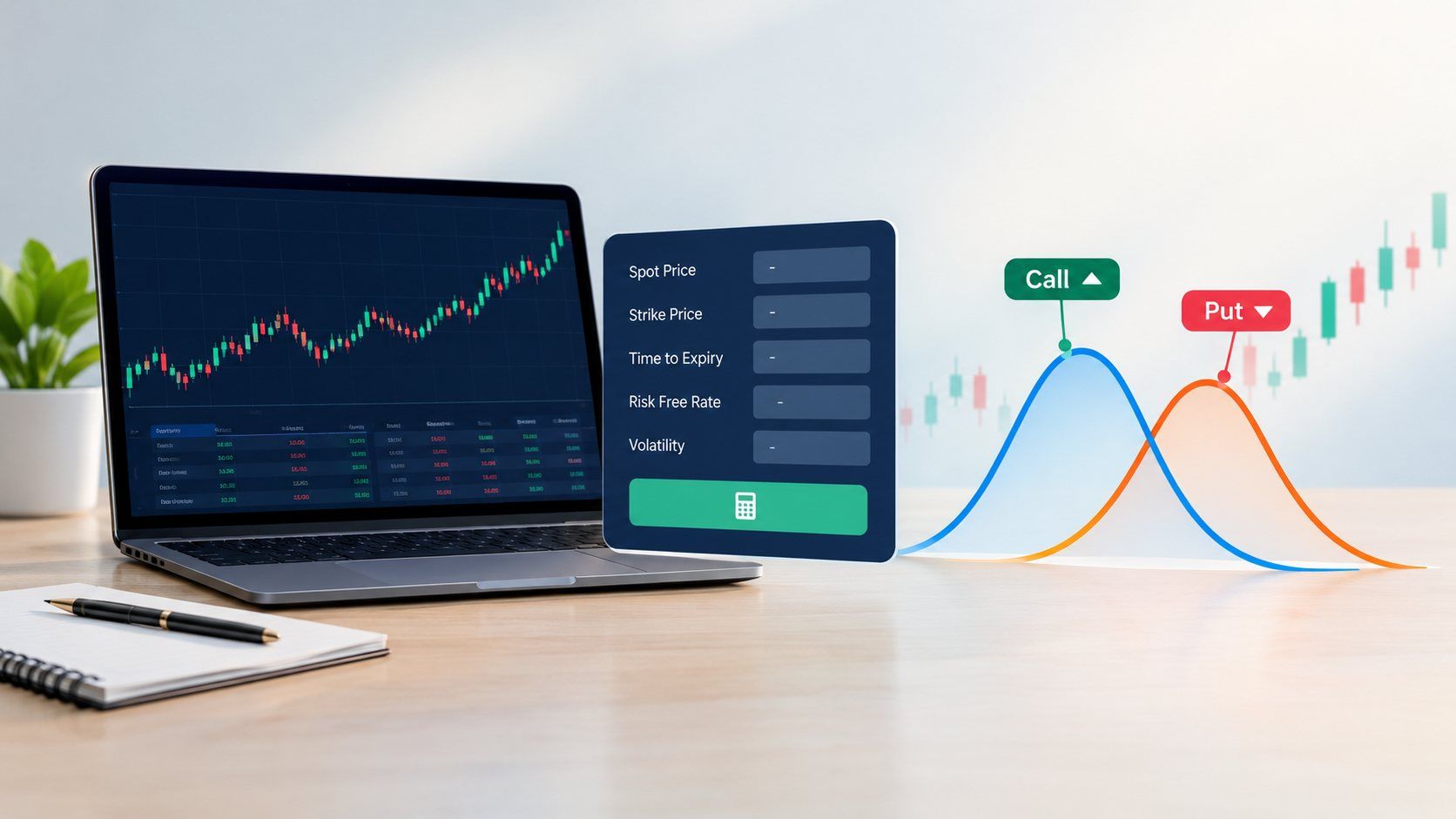 Black-Scholes calculator inputs — spot price, strike price, time to expiry, risk free rate and volatility — beside a NIFTY candlestick chart with call and put probability curves