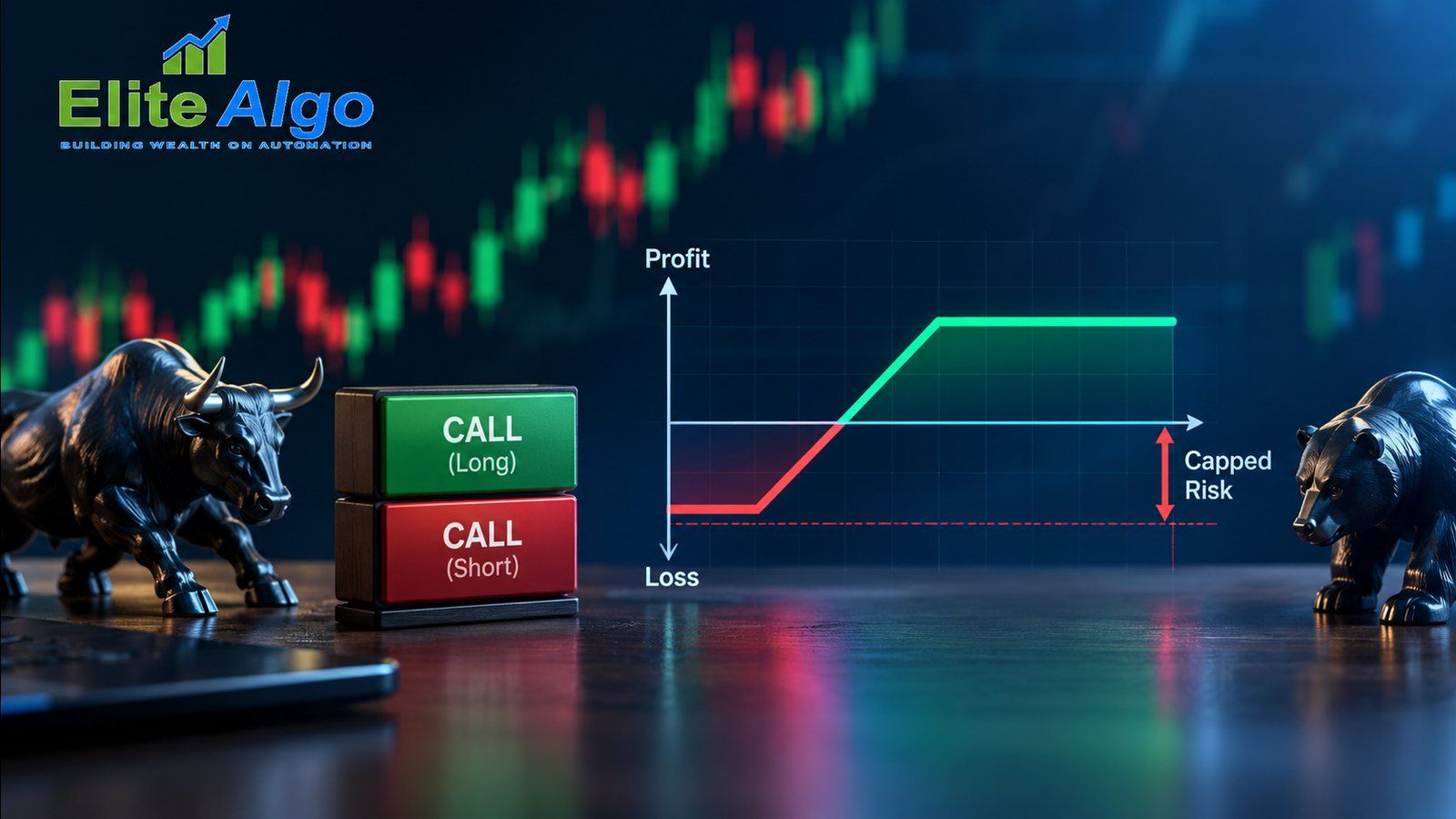 Bull call spread payoff chart showing the long call and short call legs and the point where the maximum loss is capped, set between bull and bear figurines on a trading desk