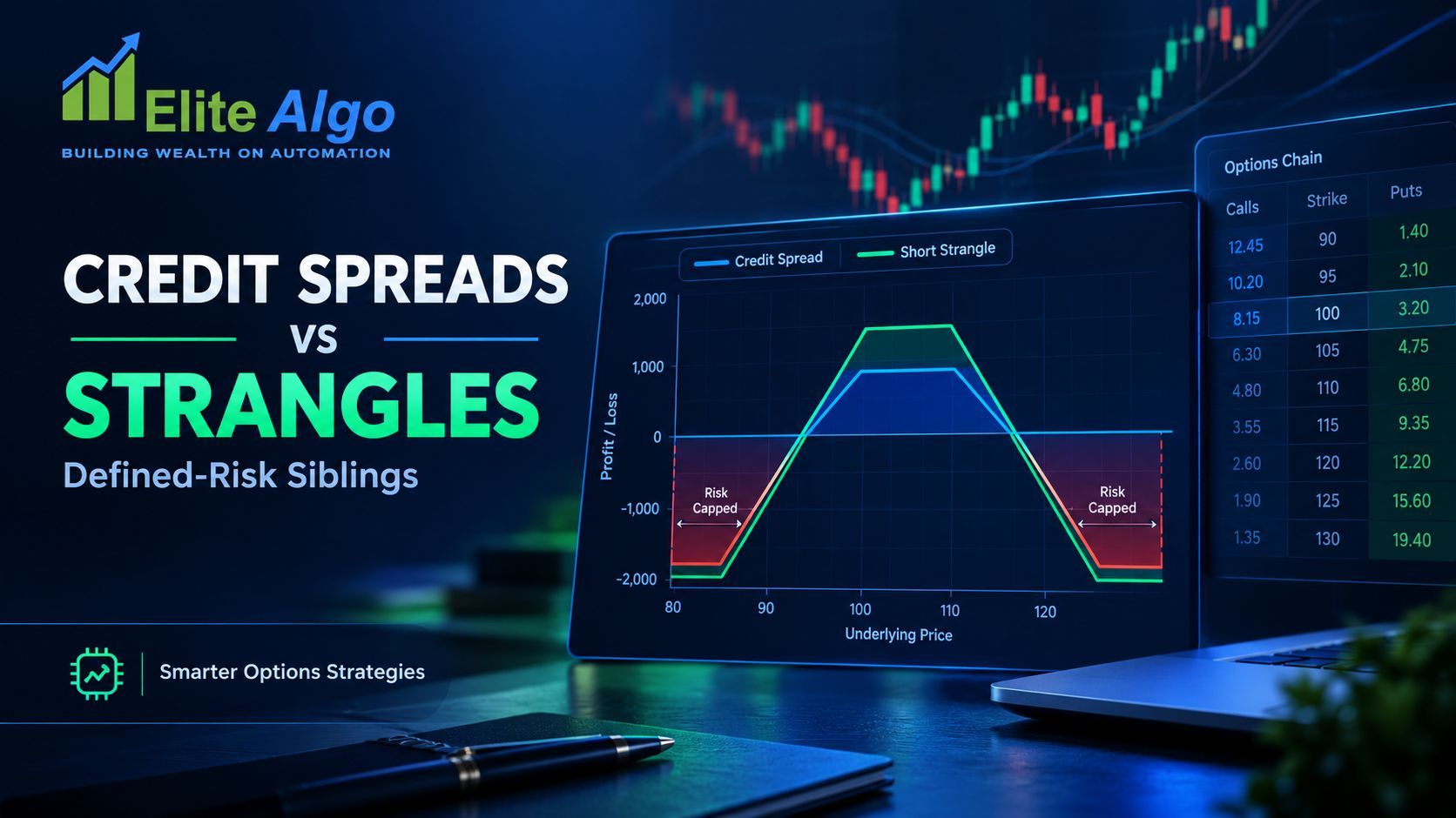 Payoff chart on a laptop comparing a credit spread with a short strangle, both tails marked risk capped, beside an options chain of call and put prices