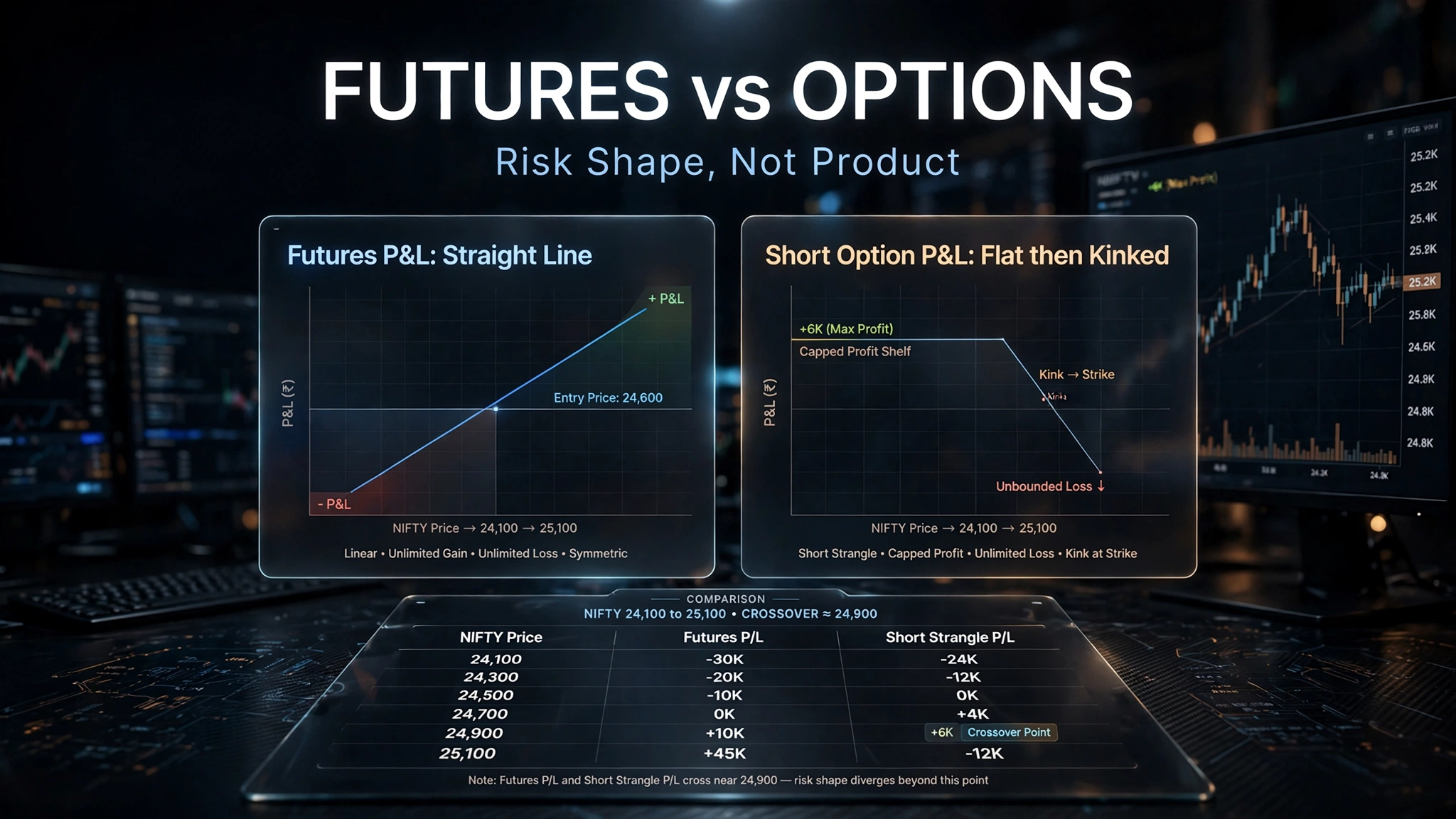Futures vs options risk shape — futures P&L straight line compared to short option P&L flat then kinked payoff diagram with crossover point