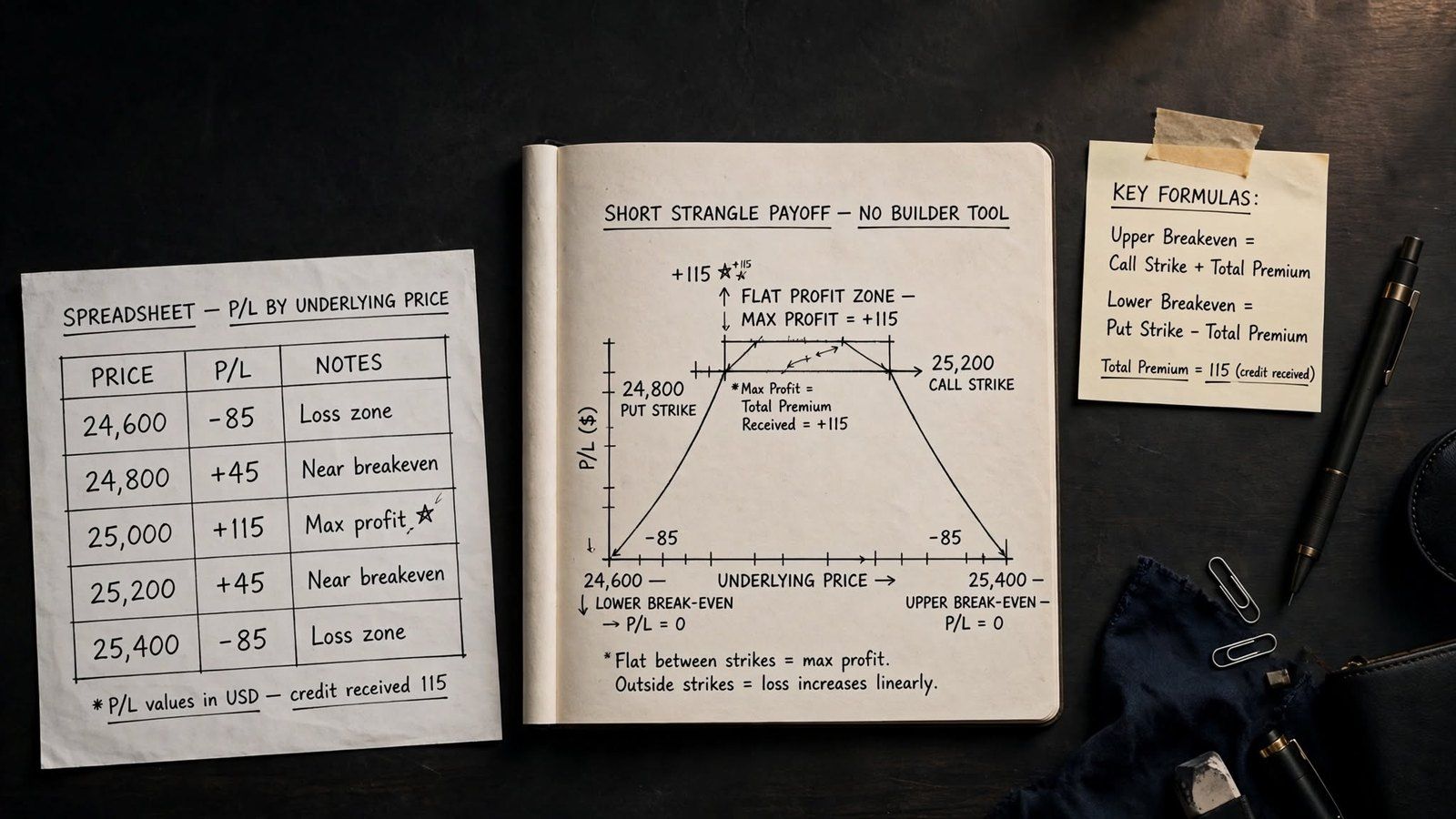 Hand-drawn short strangle option payoff diagram in a notebook showing the put strike, call strike, flat max-profit zone, both breakeven points and the loss zones, beside a spreadsheet table of P/L by underlying price