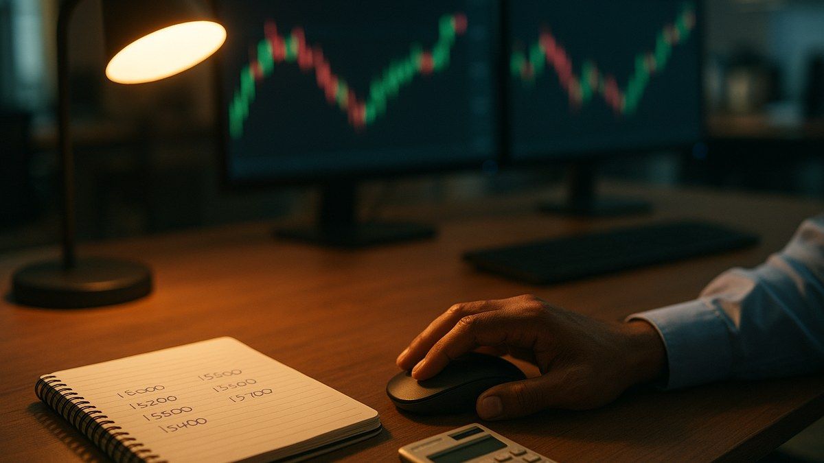 Options trader's desk with a handwritten strike-price notebook, calculator and blurred candlestick chart monitors