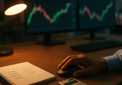 Options trader's desk with a handwritten strike-price notebook, calculator and blurred candlestick chart monitors