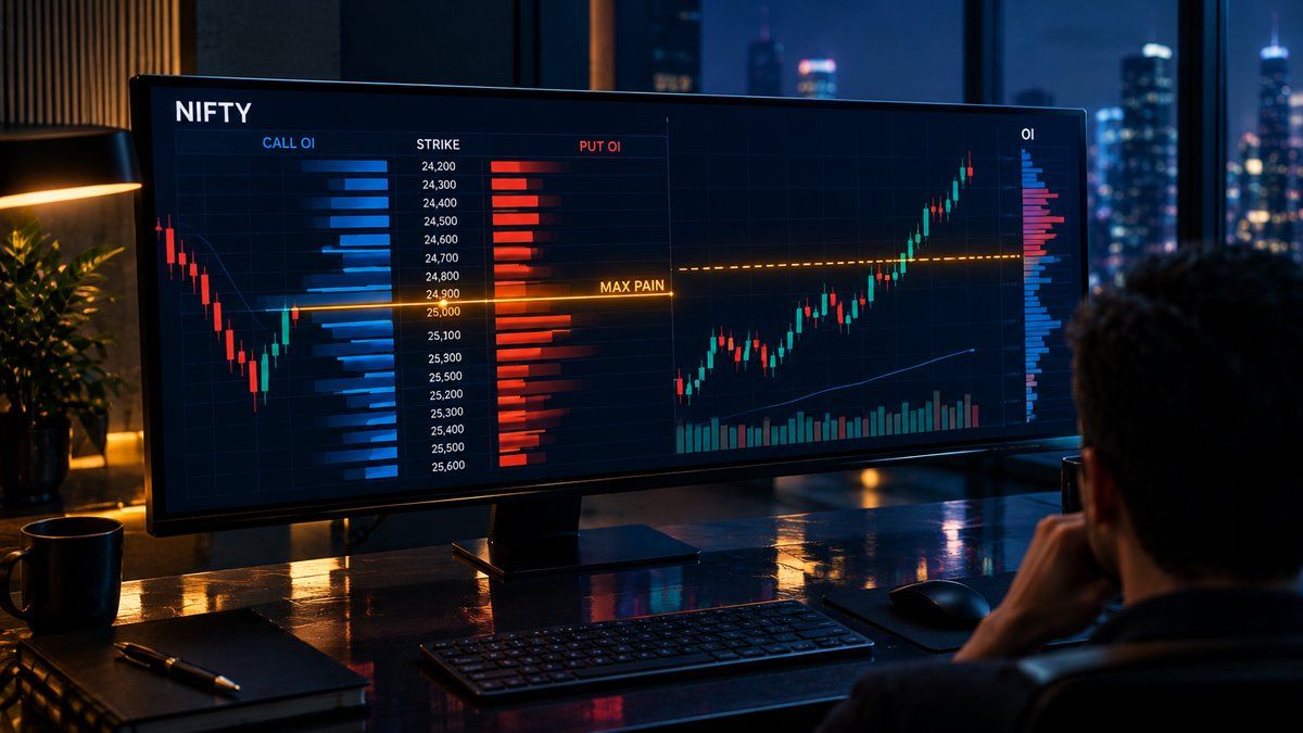 Trader studying a NIFTY option chain with call OI, put OI and the max pain strike marked, illustrating pin risk at a night trading desk