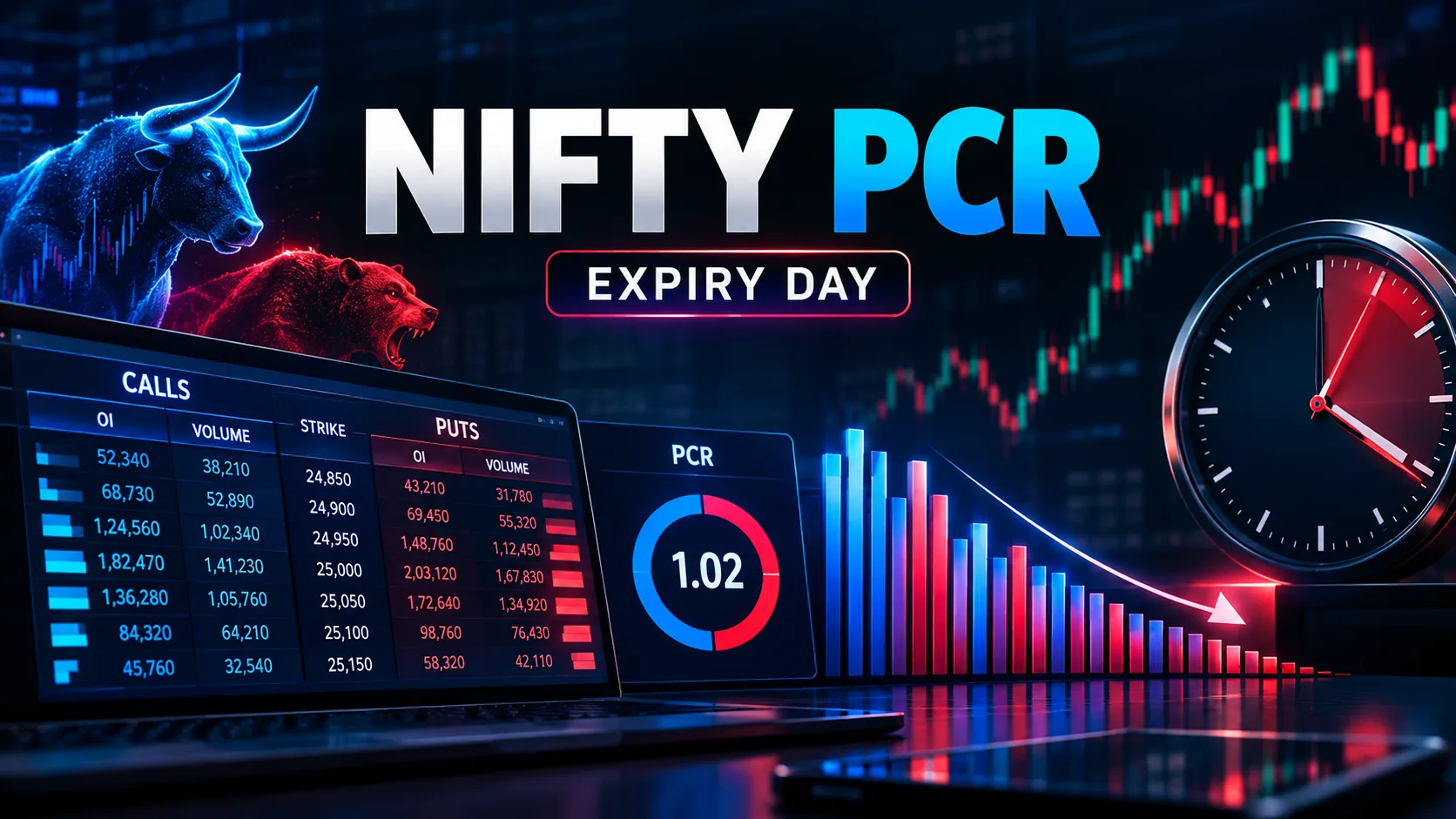 NIFTY PCR expiry day dashboard showing the live option chain, a put-call ratio gauge at 1.02, and a declining open interest bar chart