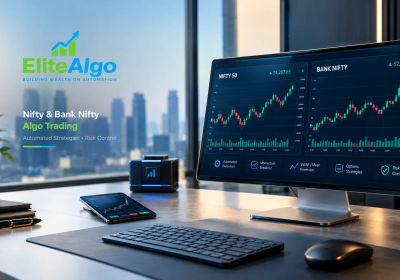 Nifty 50 and Sensex algo trading dashboard with live candlestick charts and automated execution, momentum breakout, VWAP mean reversion and risk control modules