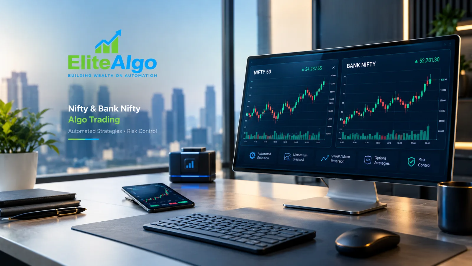 Nifty 50 and Sensex algo trading dashboard with live candlestick charts and automated execution, momentum breakout, VWAP mean reversion and risk control modules