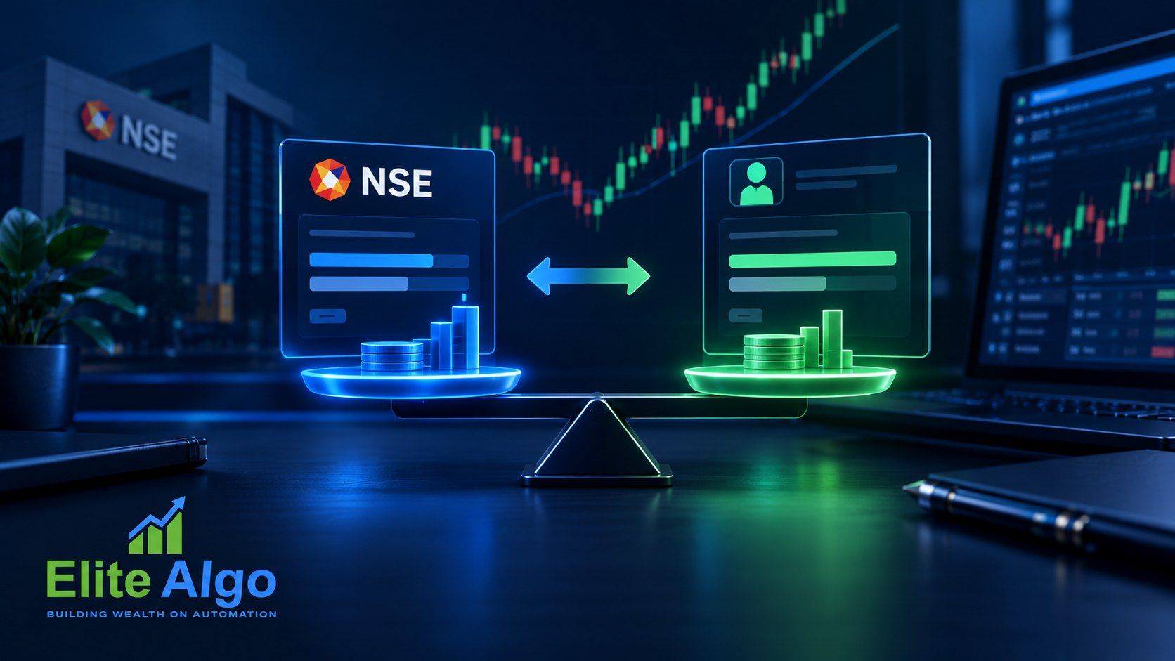 NIFTY options chain on a trading screen beside a calculator and rupee notes, illustrating the STT cost calculation on an option seller's desk