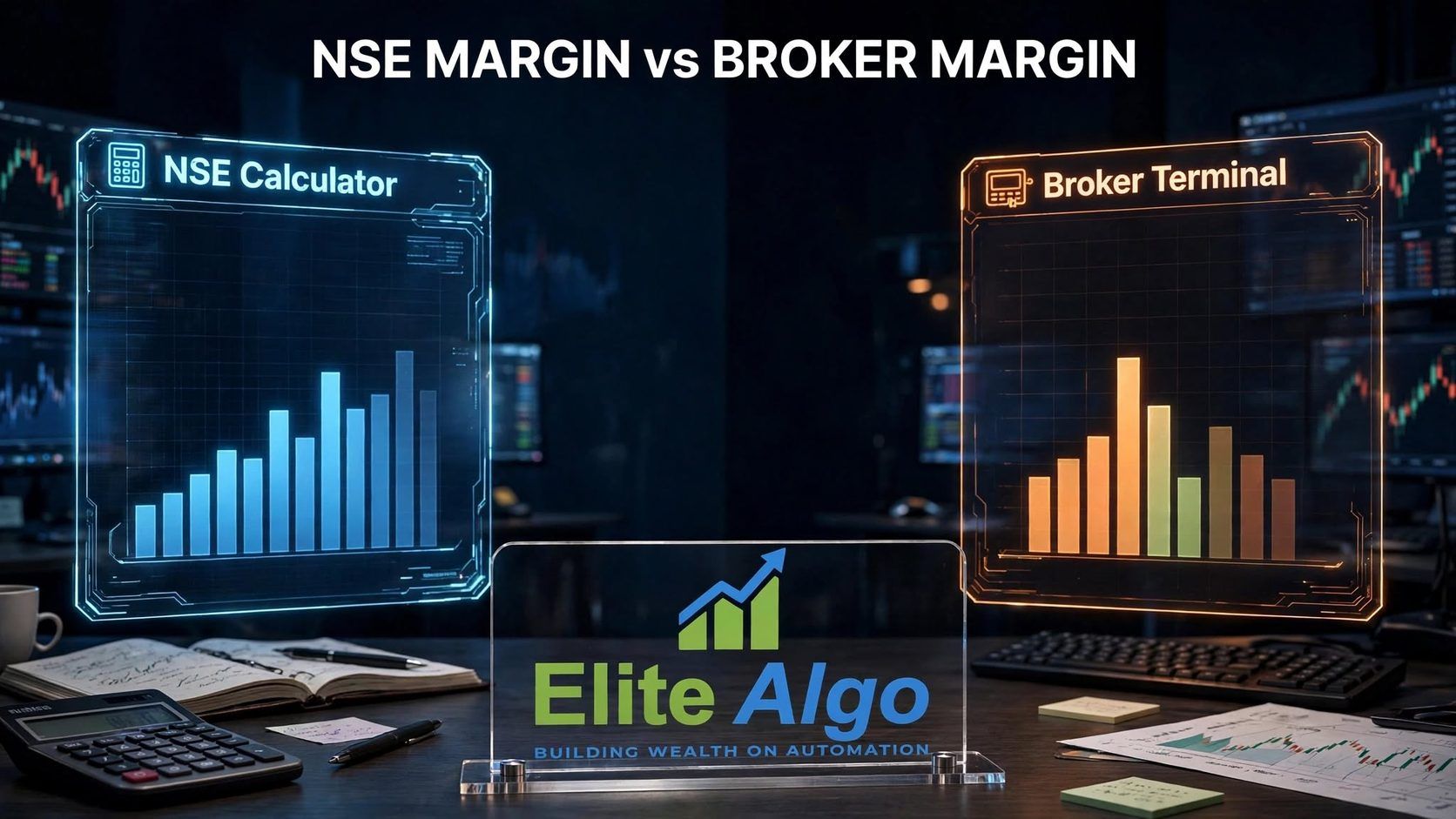 NSE Margin vs Broker Margin comparison showing a blue NSE Calculator panel and an orange Broker Terminal panel side by side, each with its own bar chart, on an EliteAlgo trading desk