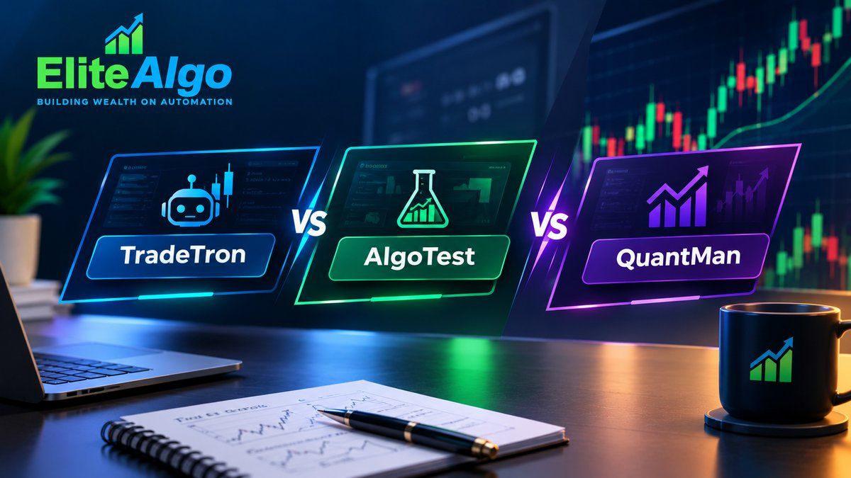 Tradetron vs AlgoTest vs QuantMan algo trading platform comparison — three dashboard screens side by side on a trader's desk